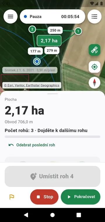 Roh po rohu: plocha ze zprůměrovaných rohů GPS