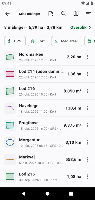 Mine målinger, med filtre, totaler og eksport
