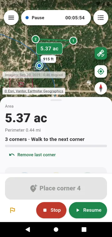 Corner by corner: the area from averaged GPS corners