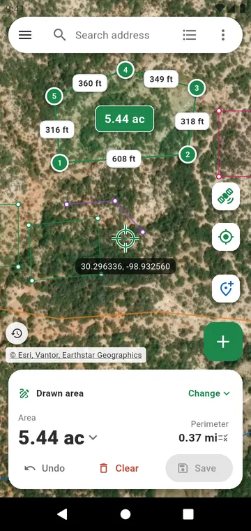 A plot drawn on the satellite map: side lengths and area