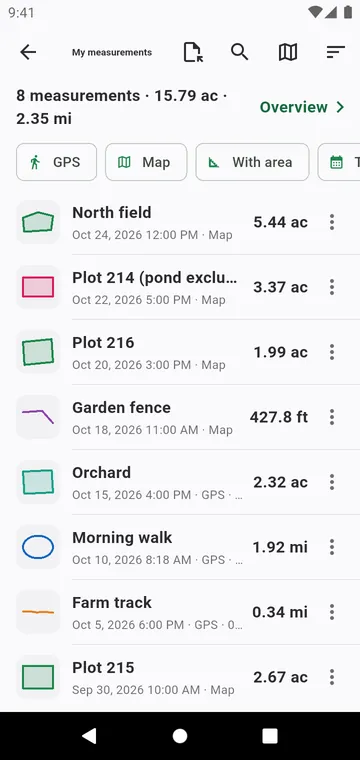 My measurements, with filters, totals and exports