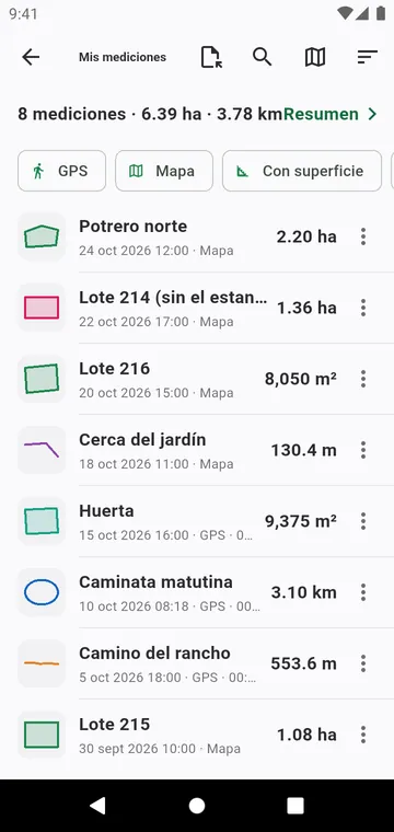 Mis mediciones, con filtros, totales y exportaciones