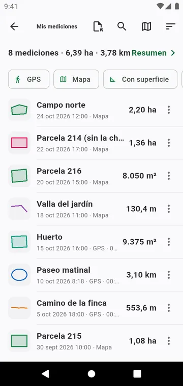 Mis mediciones, con filtros, totales y exportaciones