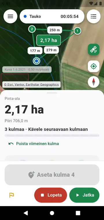 Kulma kerrallaan: pinta-ala keskiarvoistetuista GPS-kulmista