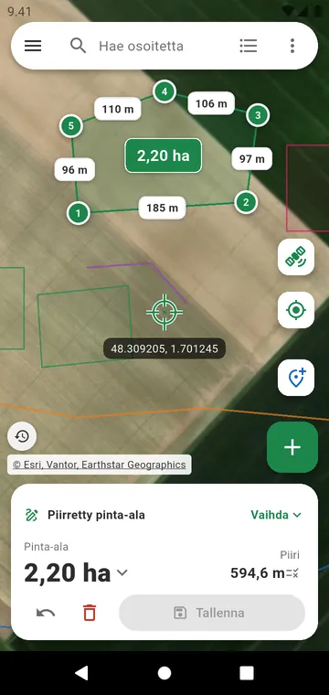 Satelliittikartalle piirretty palsta: sivujen pituudet ja pinta-ala