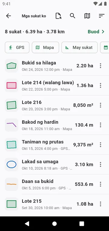 Mga sukat ko, may filter, kabuuan at export