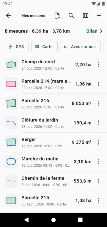 Mes mesures, avec filtres, totaux et exports