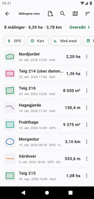 Målingene mine, med filtre, totaler og eksport