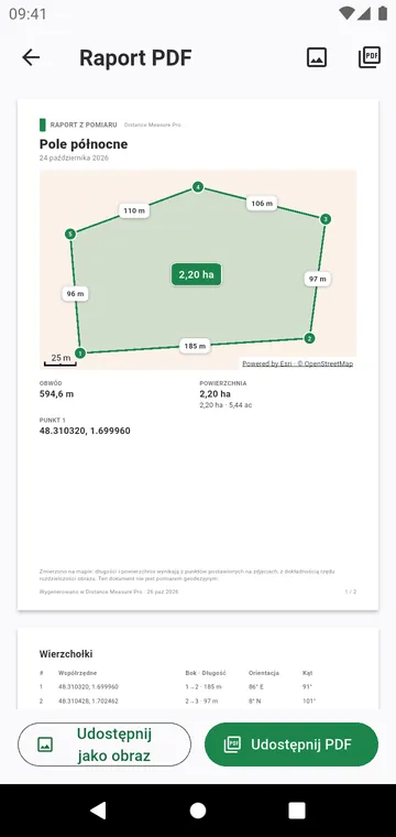 Raport PDF: mapa w skali, boki, kąty i współrzędne