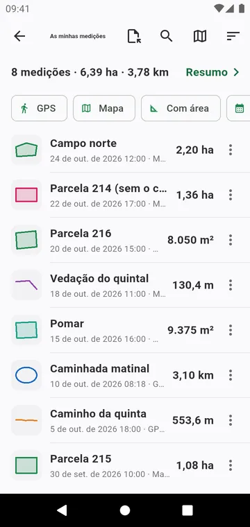 As minhas medições, com filtros, totais e exportações