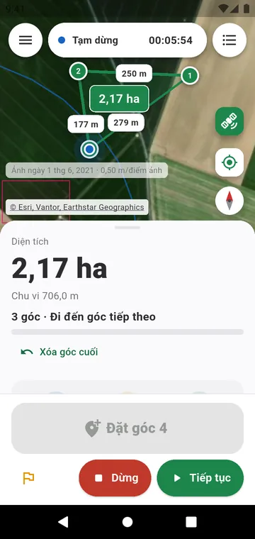 Từng góc một: diện tích từ các góc GPS lấy trung bình